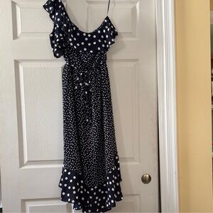 Navy Polka Dot One-Shoulder Ruffle Dress